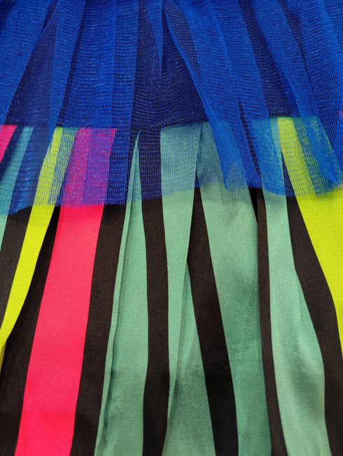 BookMyCostume Girls Skirt and Shirt Set | Collared Top with Bow & Denim Net Flared Skirt | Formal & Casual Wear for Kids | Multicolor Striped Dress Set