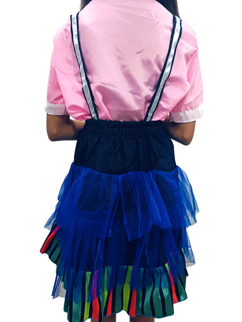 BookMyCostume Girls Skirt and Shirt Set | Collared Top with Bow & Denim Net Flared Skirt | Formal & Casual Wear for Kids | Multicolor Striped Dress Set