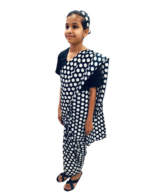BookMyCostume Black Retro Polka Dot Saree Costume for Girls | Ready-to-Wear Saree with Blouse & Hairband | 70s Bollywood Fancy Dress for Theme Parties & School Functions