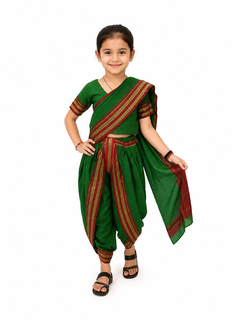 Traditional Marathi Dress for Girls | Dark Green Nauvari Saree for Kids with Blouse | Fisherwoman Costume for Kids | Indian Cultural State Dress