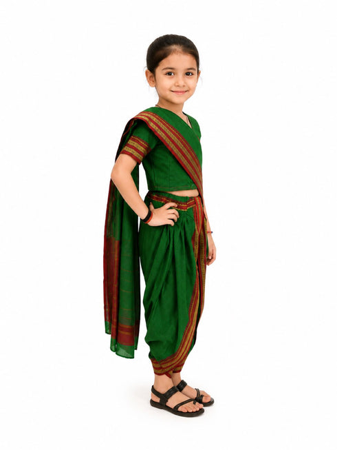 Traditional Marathi Dress for Girls | Dark Green Nauvari Saree for Kids with Blouse | Fisherwoman Costume for Kids | Indian Cultural State Dress