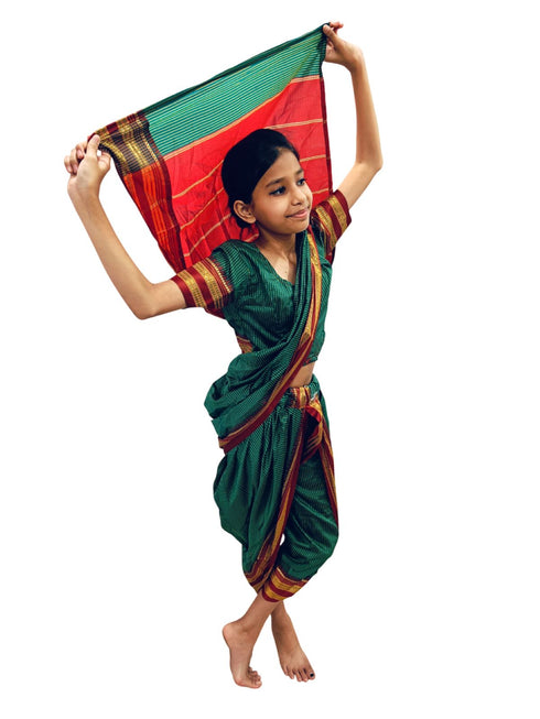 BookMyCostume Traditional Marathi Dress for Girls | Dark Green Nauvari Saree for Kids with Blouse | Fisherwoman Costume for Kids | Indian Cultural State Dress