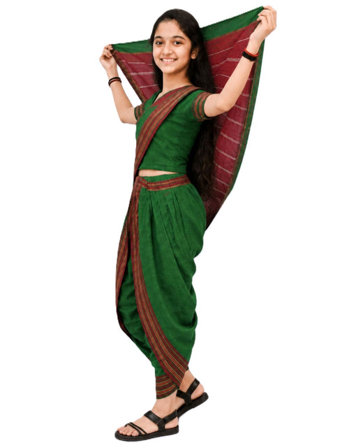 Traditional Marathi Dress for Girls | Dark Green Nauvari Saree for Kids with Blouse | Fisherwoman Costume for Kids | Indian Cultural State Dress