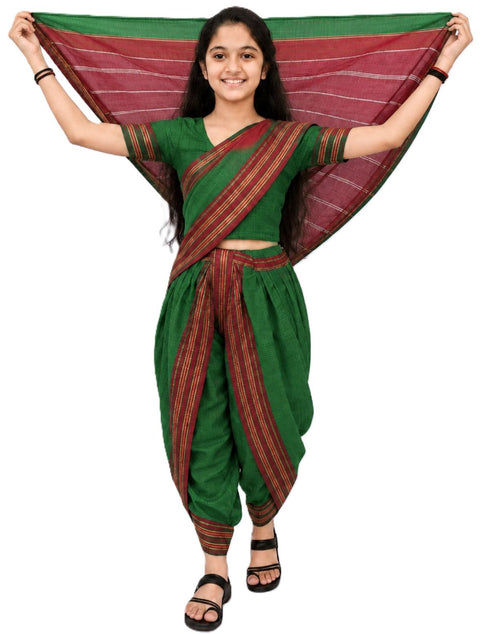 Traditional Marathi Dress for Girls | Dark Green Nauvari Saree for Kids with Blouse | Fisherwoman Costume for Kids | Indian Cultural State Dress