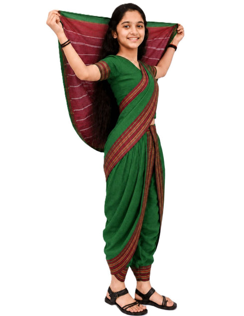 Traditional Marathi Dress for Girls | Dark Green Nauvari Saree for Kids with Blouse | Fisherwoman Costume for Kids | Indian Cultural State Dress