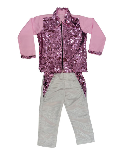 Pink Sequin Shirt & White Shiny Pants Western Dance Costume for Boys | Full Sleeve Party Wear Outfit | Theme Annual Day & Fancy Dress Outfit