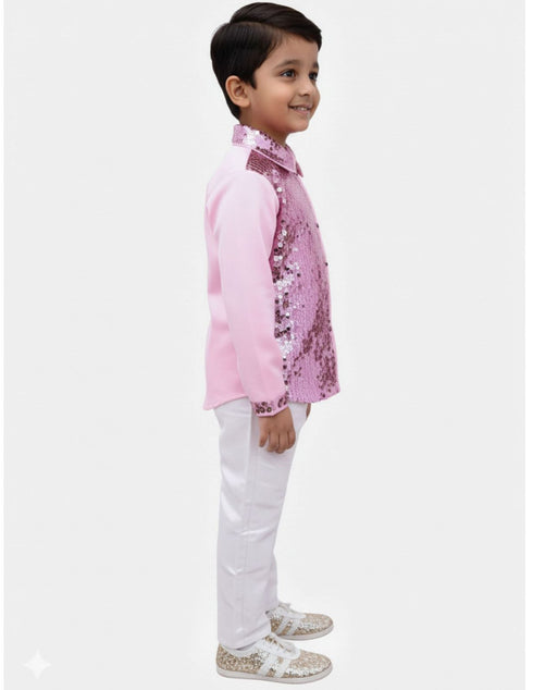Pink Sequin Shirt & White Shiny Pants Western Dance Costume for Boys | Full Sleeve Party Wear Outfit | Theme Annual Day & Fancy Dress Outfit