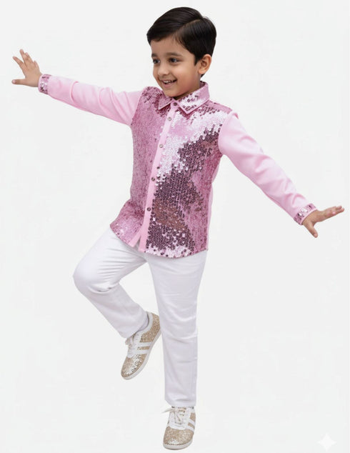 Pink Sequin Shirt & White Shiny Pants Western Dance Costume for Boys | Full Sleeve Party Wear Outfit | Theme Annual Day & Fancy Dress Outfit