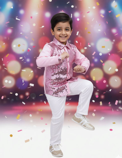 Pink Sequin Shirt & White Shiny Pants Western Dance Costume for Boys | Full Sleeve Party Wear Outfit | Theme Annual Day & Fancy Dress Outfit