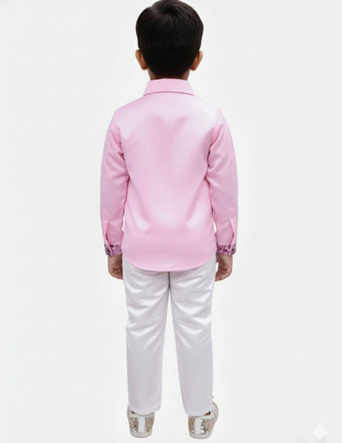 Pink Sequin Shirt & White Shiny Pants Western Dance Costume for Boys | Full Sleeve Party Wear Outfit | Theme Annual Day & Fancy Dress Outfit