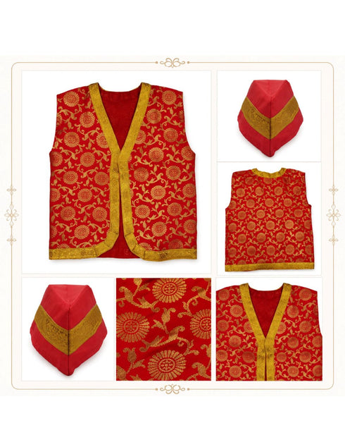 Red Qawwali Jacket & Cap Combo for Kids | Red Embroidered Ethnic Fancy Dress Costume | Sufi Singer Kurta Style Waistcoat & Head Cap for Theme Parties & Stage Shows