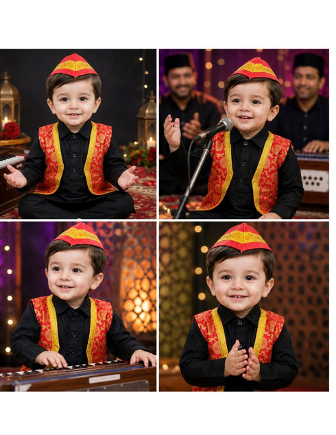 Red Qawwali Jacket & Cap Combo for Kids | Red Embroidered Ethnic Fancy Dress Costume | Sufi Singer Kurta Style Waistcoat & Head Cap for Theme Parties & Stage Shows