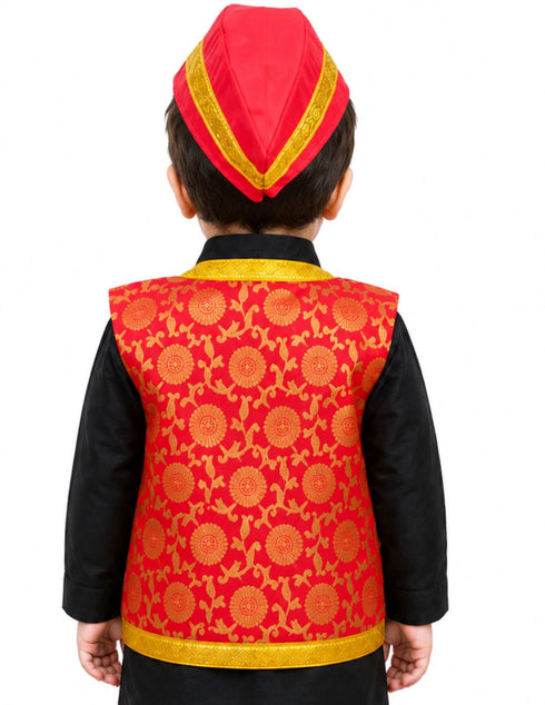 Red Qawwali Jacket & Cap Combo for Kids | Red Embroidered Ethnic Fancy Dress Costume | Sufi Singer Kurta Style Waistcoat & Head Cap for Theme Parties & Stage Shows