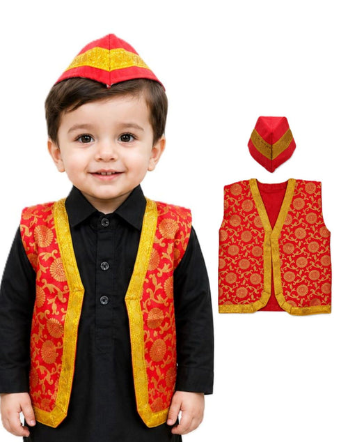 Red Qawwali Jacket & Cap Combo for Kids | Red Embroidered Ethnic Fancy Dress Costume | Sufi Singer Kurta Style Waistcoat & Head Cap for Theme Parties & Stage Shows