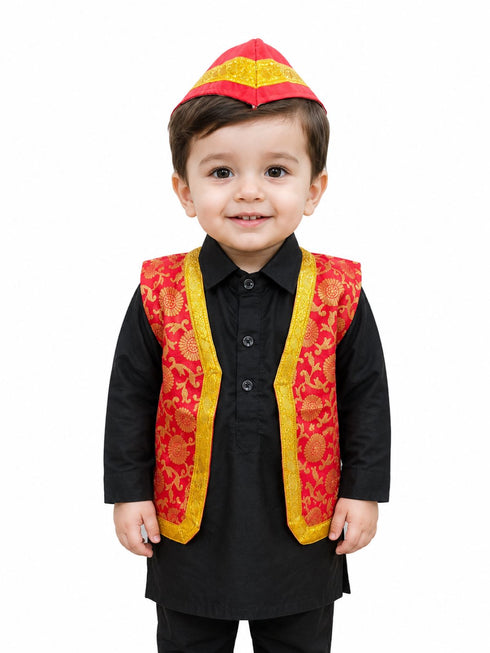 Red Qawwali Jacket & Cap Combo for Kids | Red Embroidered Ethnic Fancy Dress Costume | Sufi Singer Kurta Style Waistcoat & Head Cap for Theme Parties & Stage Shows