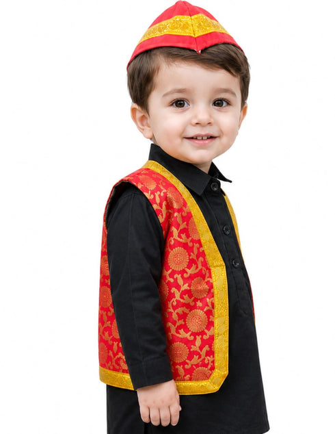 Red Qawwali Jacket & Cap Combo for Kids | Red Embroidered Ethnic Fancy Dress Costume | Sufi Singer Kurta Style Waistcoat & Head Cap for Theme Parties & Stage Shows