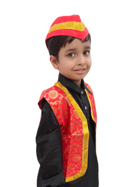 BookMyCostume Red Qawwali Jacket & Cap Combo for Kids | Red Embroidered Ethnic Fancy Dress Costume | Sufi Singer Kurta Style Waistcoat & Head Cap for Theme Parties & Stage Shows