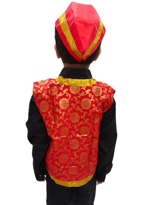 BookMyCostume Red Qawwali Jacket & Cap Combo for Kids | Red Embroidered Ethnic Fancy Dress Costume | Sufi Singer Kurta Style Waistcoat & Head Cap for Theme Parties & Stage Shows