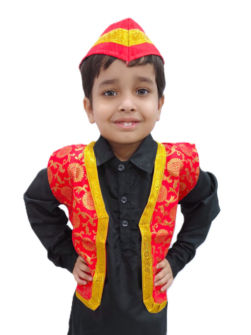 BookMyCostume Red Qawwali Jacket & Cap Combo for Kids | Red Embroidered Ethnic Fancy Dress Costume | Sufi Singer Kurta Style Waistcoat & Head Cap for Theme Parties & Stage Shows