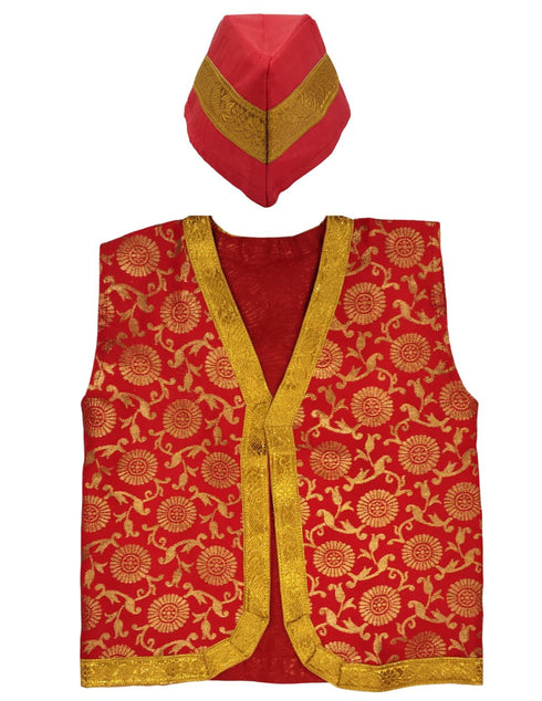 BookMyCostume Red Qawwali Jacket & Cap Combo for Kids | Red Embroidered Ethnic Fancy Dress Costume | Sufi Singer Kurta Style Waistcoat & Head Cap for Theme Parties & Stage Shows
