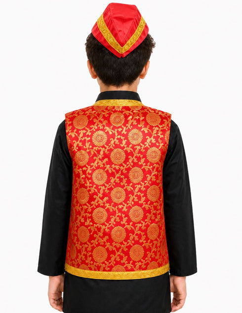 Red Qawwali Jacket & Cap Combo for Kids | Red Embroidered Ethnic Fancy Dress Costume | Sufi Singer Kurta Style Waistcoat & Head Cap for Theme Parties & Stage Shows