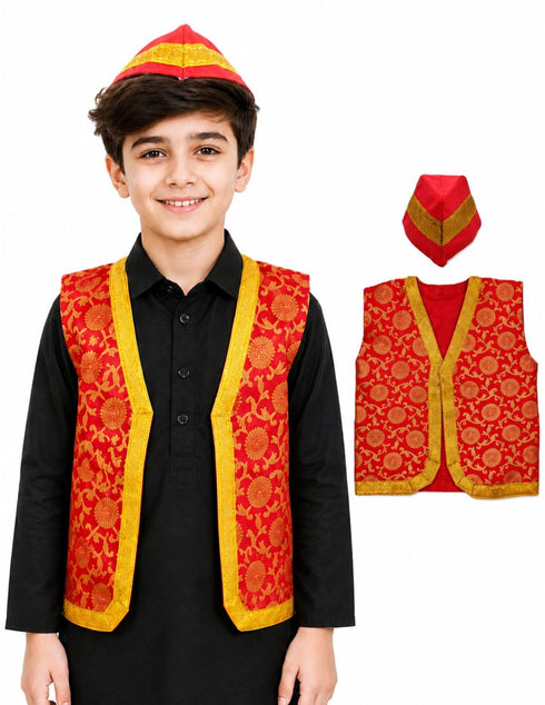 Red Qawwali Jacket & Cap Combo for Kids | Red Embroidered Ethnic Fancy Dress Costume | Sufi Singer Kurta Style Waistcoat & Head Cap for Theme Parties & Stage Shows
