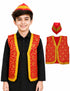 Red Qawwali Jacket & Cap Combo for Kids | Red Embroidered Ethnic Fancy Dress Costume | Sufi Singer Kurta Style Waistcoat & Head Cap for Theme Parties & Stage Shows
