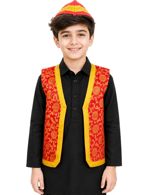 Red Qawwali Jacket & Cap Combo for Kids | Red Embroidered Ethnic Fancy Dress Costume | Sufi Singer Kurta Style Waistcoat & Head Cap for Theme Parties & Stage Shows