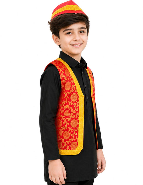 Red Qawwali Jacket & Cap Combo for Kids | Red Embroidered Ethnic Fancy Dress Costume | Sufi Singer Kurta Style Waistcoat & Head Cap for Theme Parties & Stage Shows