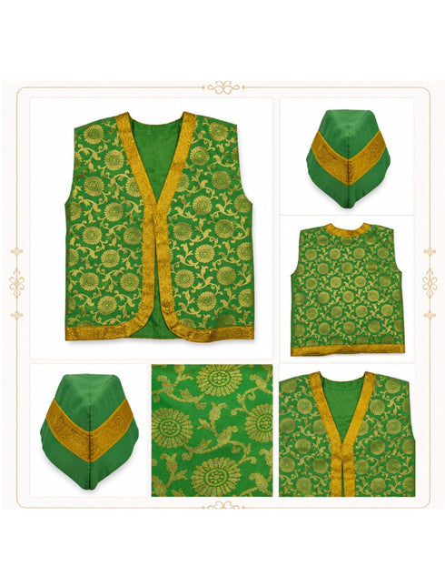 Green Qawwali Jacket & Cap Combo for Kids | Green Embroidered Ethnic Fancy Dress Costume | Sufi Singer Kurta Style Waistcoat & Head Cap for Theme Parties & Stage Shows