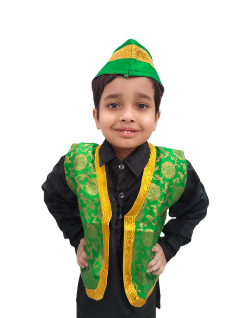 BookMyCostume Green Qawwali Jacket & Cap Combo for Kids | Green Embroidered Ethnic Fancy Dress Costume | Sufi Singer Kurta Style Waistcoat & Head Cap for Theme Parties & Stage Shows