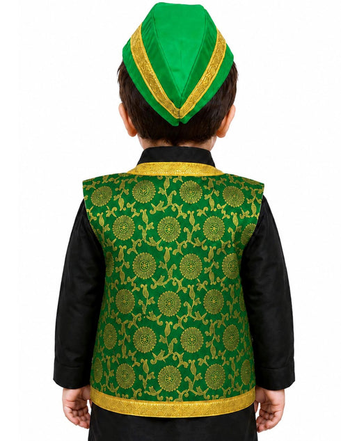 Green Qawwali Jacket & Cap Combo for Kids | Green Embroidered Ethnic Fancy Dress Costume | Sufi Singer Kurta Style Waistcoat & Head Cap for Theme Parties & Stage Shows