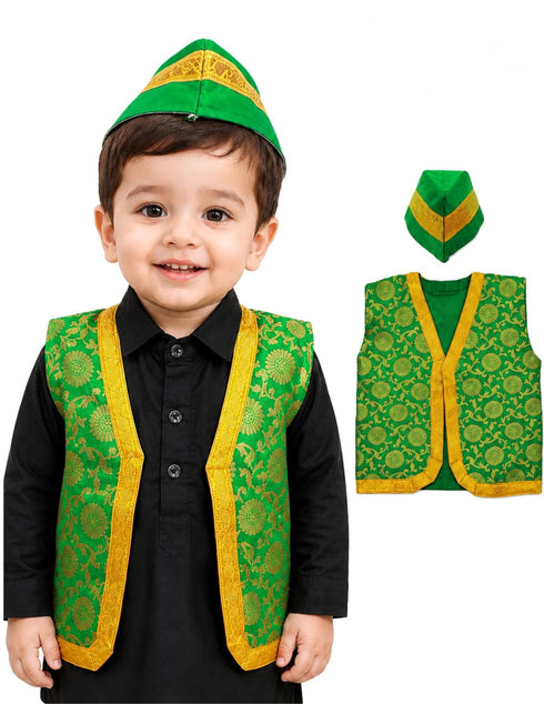 Green Qawwali Jacket & Cap Combo for Kids | Green Embroidered Ethnic Fancy Dress Costume | Sufi Singer Kurta Style Waistcoat & Head Cap for Theme Parties & Stage Shows