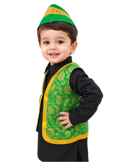 Green Qawwali Jacket & Cap Combo for Kids | Green Embroidered Ethnic Fancy Dress Costume | Sufi Singer Kurta Style Waistcoat & Head Cap for Theme Parties & Stage Shows