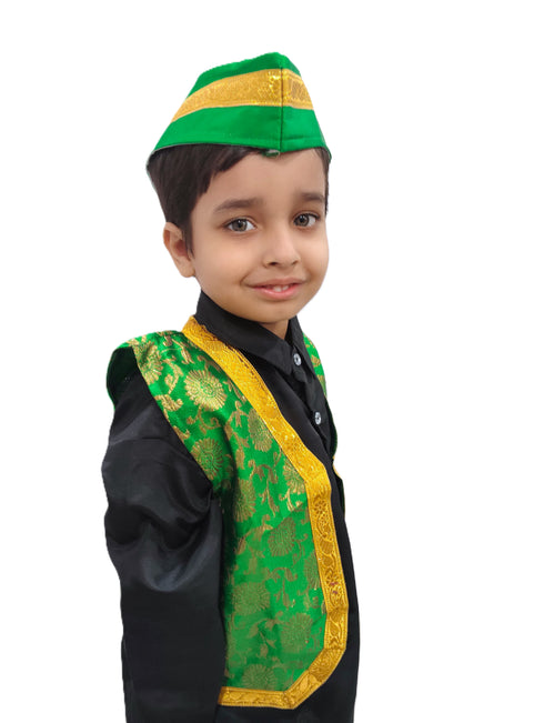 BookMyCostume Green Qawwali Jacket & Cap Combo for Kids | Green Embroidered Ethnic Fancy Dress Costume | Sufi Singer Kurta Style Waistcoat & Head Cap for Theme Parties & Stage Shows