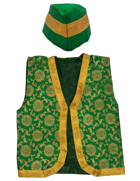 BookMyCostume Green Qawwali Jacket & Cap Combo for Kids | Green Embroidered Ethnic Fancy Dress Costume | Sufi Singer Kurta Style Waistcoat & Head Cap for Theme Parties & Stage Shows