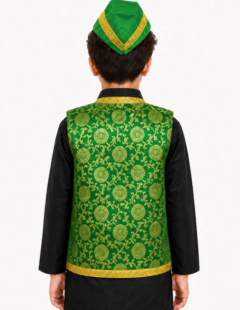 Green Qawwali Jacket & Cap Combo for Kids | Green Embroidered Ethnic Fancy Dress Costume | Sufi Singer Kurta Style Waistcoat & Head Cap for Theme Parties & Stage Shows