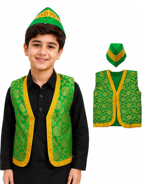 Green Qawwali Jacket & Cap Combo for Kids | Green Embroidered Ethnic Fancy Dress Costume | Sufi Singer Kurta Style Waistcoat & Head Cap for Theme Parties & Stage Shows