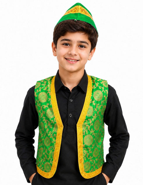 Green Qawwali Jacket & Cap Combo for Kids | Green Embroidered Ethnic Fancy Dress Costume | Sufi Singer Kurta Style Waistcoat & Head Cap for Theme Parties & Stage Shows