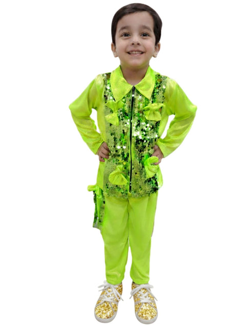 Light Green Western Dance Costume for Boys | Full Sleeves Sequin Collared Shirt with Matching Pants | Nylon & Sequence Dance Costume for Boys | Stylish Fancy Dress for Kids