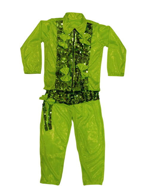 Light Green Western Dance Costume for Boys | Full Sleeves Sequin Collared Shirt with Matching Pants | Nylon & Sequence Dance Costume for Boys | Stylish Fancy Dress for Kids