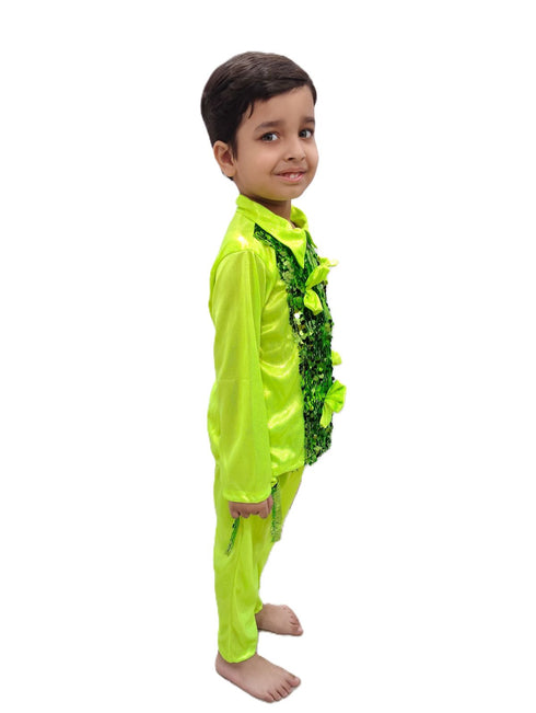 BookMyCostume Light Green Western Dance Costume for Boys | Full Sleeves Sequin Collared Shirt with Matching Pants | Nylon & Sequence Dance Costume for Boys | Stylish Fancy Dress for Kids