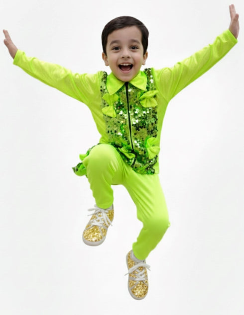 Light Green Western Dance Costume for Boys | Full Sleeves Sequin Collared Shirt with Matching Pants | Nylon & Sequence Dance Costume for Boys | Stylish Fancy Dress for Kids