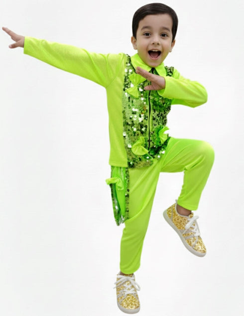 Light Green Western Dance Costume for Boys | Full Sleeves Sequin Collared Shirt with Matching Pants | Nylon & Sequence Dance Costume for Boys | Stylish Fancy Dress for Kids