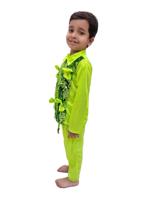 BookMyCostume Light Green Western Dance Costume for Boys | Full Sleeves Sequin Collared Shirt with Matching Pants | Nylon & Sequence Dance Costume for Boys | Stylish Fancy Dress for Kids