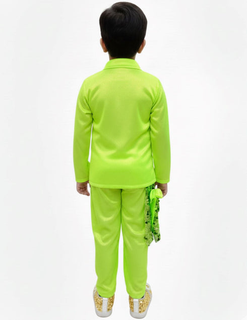Light Green Western Dance Costume for Boys | Full Sleeves Sequin Collared Shirt with Matching Pants | Nylon & Sequence Dance Costume for Boys | Stylish Fancy Dress for Kids