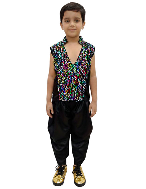 BookMyCostume Black Indo-Western Dress | Multicolor Sequin Sleeveless V-Neck Jacket with Dhoti Style Pant | Western Dress Costume for Boys | Dance Dress for Kids