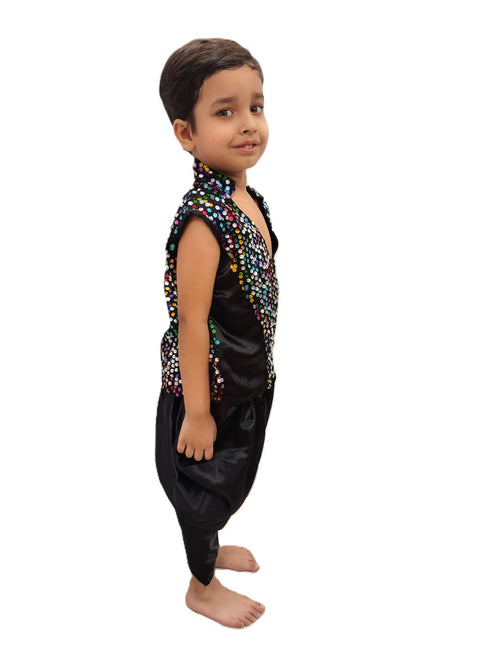 BookMyCostume Black Indo-Western Dress | Multicolor Sequin Sleeveless V-Neck Jacket with Dhoti Style Pant | Western Dress Costume for Boys | Dance Dress for Kids