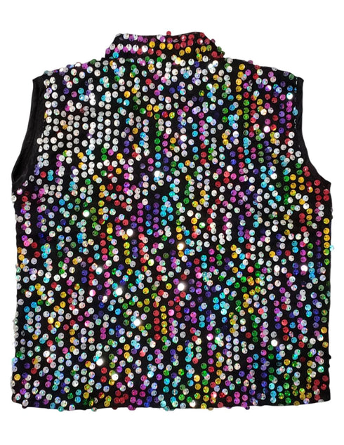 BookMyCostume Black Indo-Western Dress | Multicolor Sequin Sleeveless V-Neck Jacket with Dhoti Style Pant | Western Dress Costume for Boys | Dance Dress for Kids