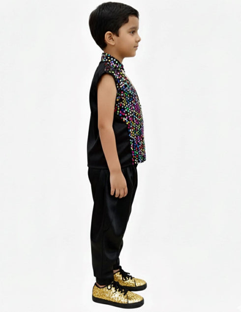 BookMyCostume Black Indo-Western Dress | Multicolor Sequin Sleeveless V-Neck Jacket with Dhoti Style Pant | Western Dress Costume for Boys | Dance Dress for Kids
